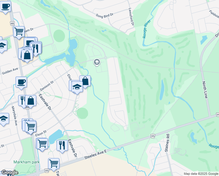map of restaurants, bars, coffee shops, grocery stores, and more near 6350 Steeles Avenue East in Markham
