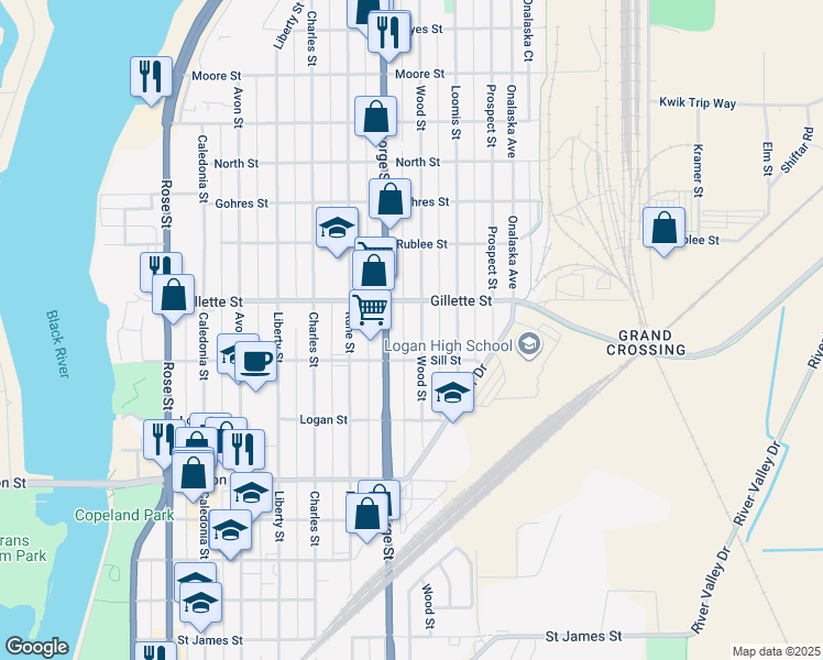 map of restaurants, bars, coffee shops, grocery stores, and more near 1219 Sill Street in La Crosse