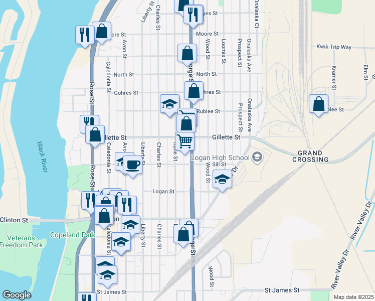 map of restaurants, bars, coffee shops, grocery stores, and more near 1115 Sill Street in La Crosse
