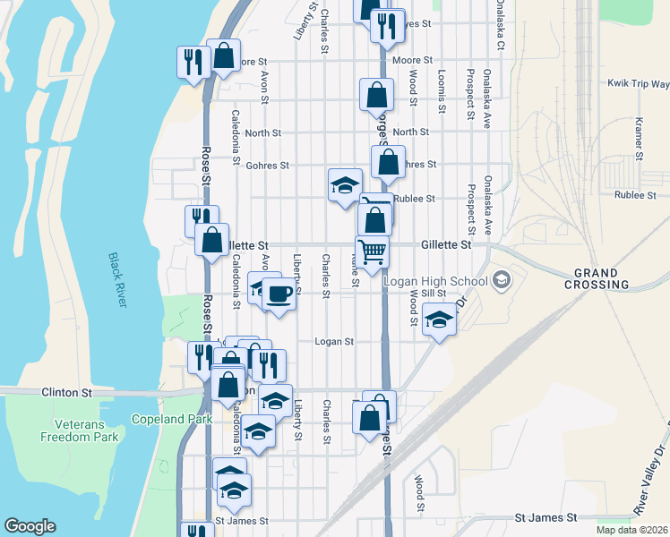 map of restaurants, bars, coffee shops, grocery stores, and more near 1011 Sill Street in La Crosse