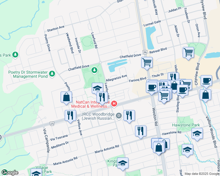 map of restaurants, bars, coffee shops, grocery stores, and more near 9 Farooq Boulevard in Vaughan