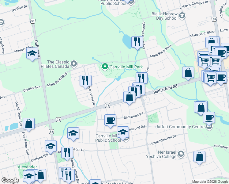 map of restaurants, bars, coffee shops, grocery stores, and more near 208 Wolf Creek Crescent in Vaughan