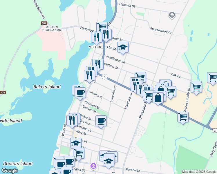 map of restaurants, bars, coffee shops, grocery stores, and more near 18 Shaw Avenue in Yarmouth