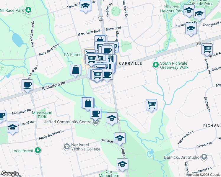 map of restaurants, bars, coffee shops, grocery stores, and more near 9172 Bathurst Street in Vaughan