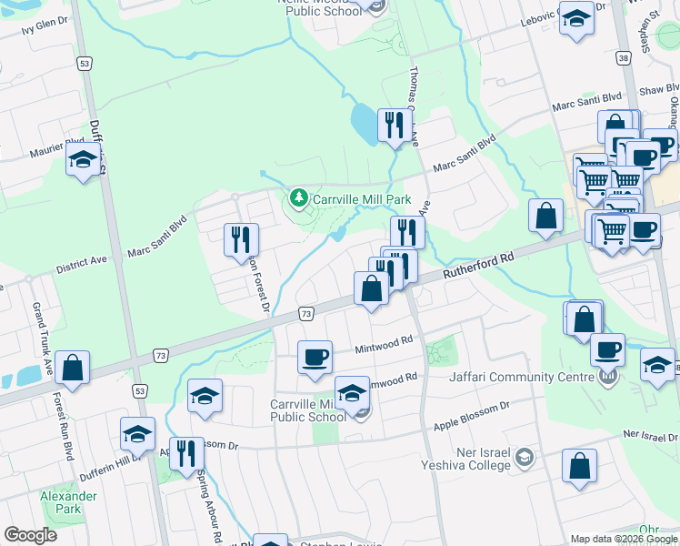 map of restaurants, bars, coffee shops, grocery stores, and more near 31 Blue Grouse Road in Vaughan