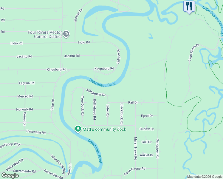 map of restaurants, bars, coffee shops, grocery stores, and more near 17079 Merganser Drive in Bend