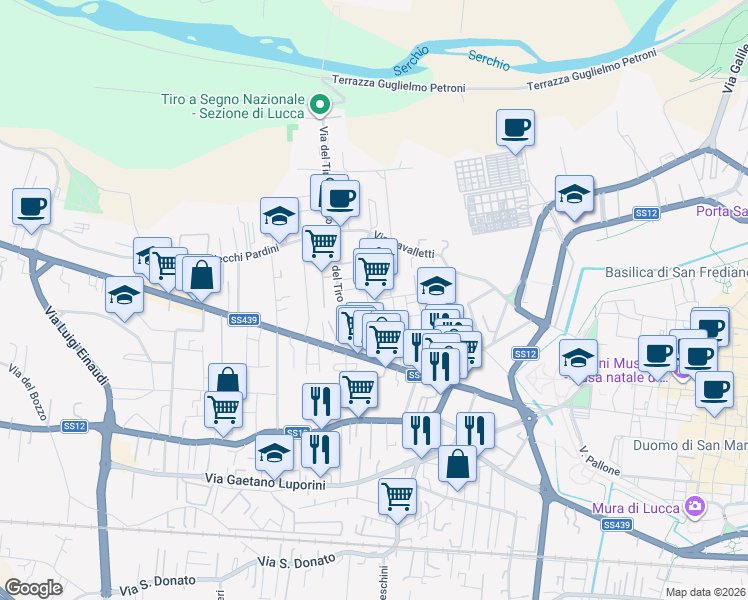 map of restaurants, bars, coffee shops, grocery stores, and more near 139 Via Don Giovanni Minzoni in Lucca