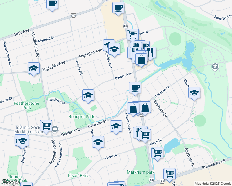 map of restaurants, bars, coffee shops, grocery stores, and more near in Markham