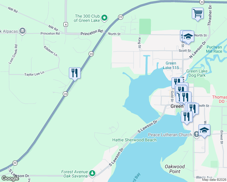 map of restaurants, bars, coffee shops, grocery stores, and more near 458 Bluff Street in Green Lake