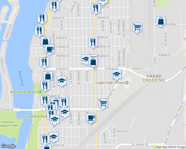 map of restaurants, bars, coffee shops, grocery stores, and more near 1115 Sill Street in La Crosse