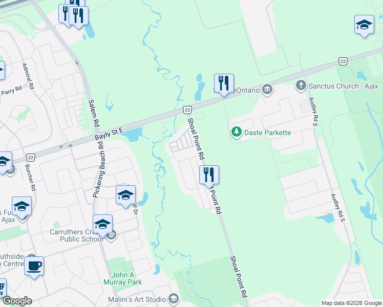 map of restaurants, bars, coffee shops, grocery stores, and more near 16 Marjoram Drive in Ajax
