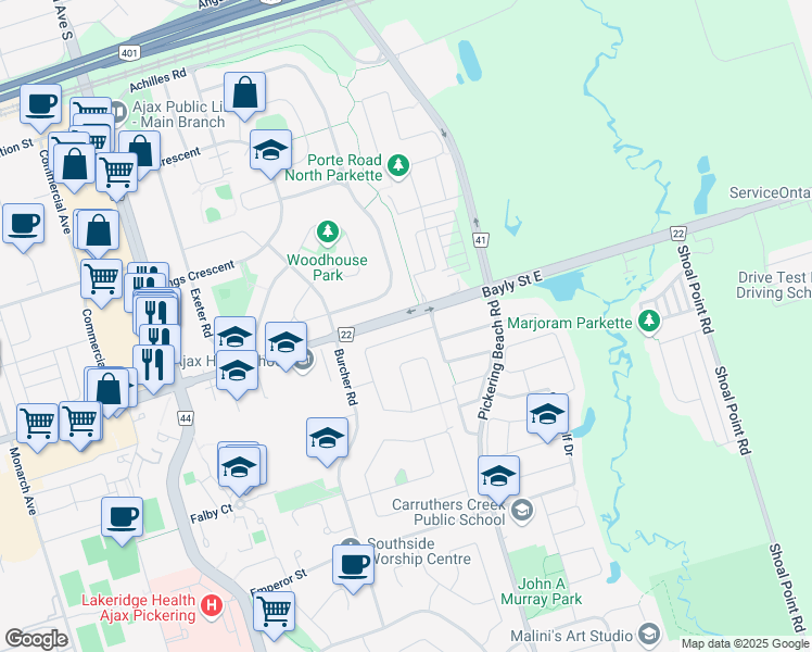 map of restaurants, bars, coffee shops, grocery stores, and more near 14 Billingsgate Crescent in Ajax