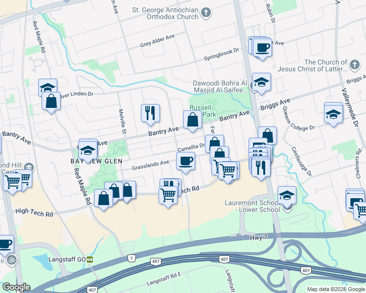 map of restaurants, bars, coffee shops, grocery stores, and more near 6 Camellia Drive in Richmond Hill