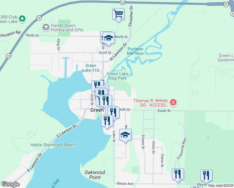 map of restaurants, bars, coffee shops, grocery stores, and more near 528 Lake Street in Green Lake
