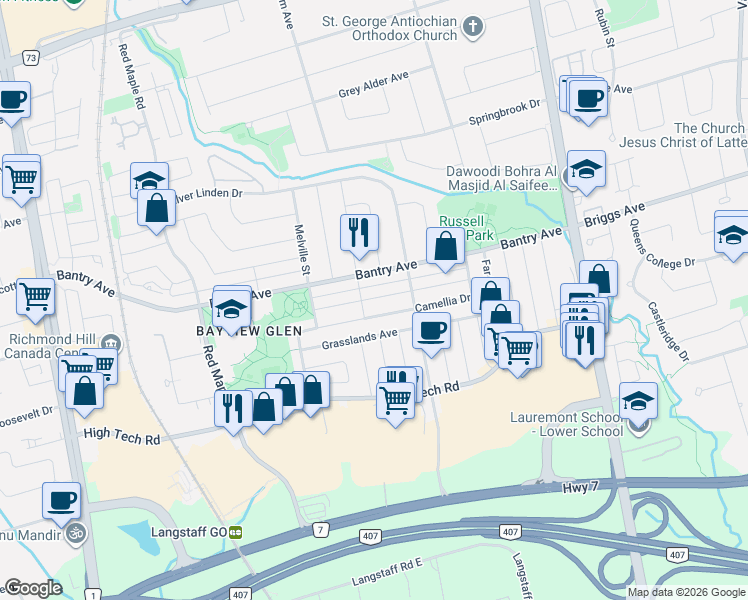 map of restaurants, bars, coffee shops, grocery stores, and more near 59 Bassett Avenue in Richmond Hill