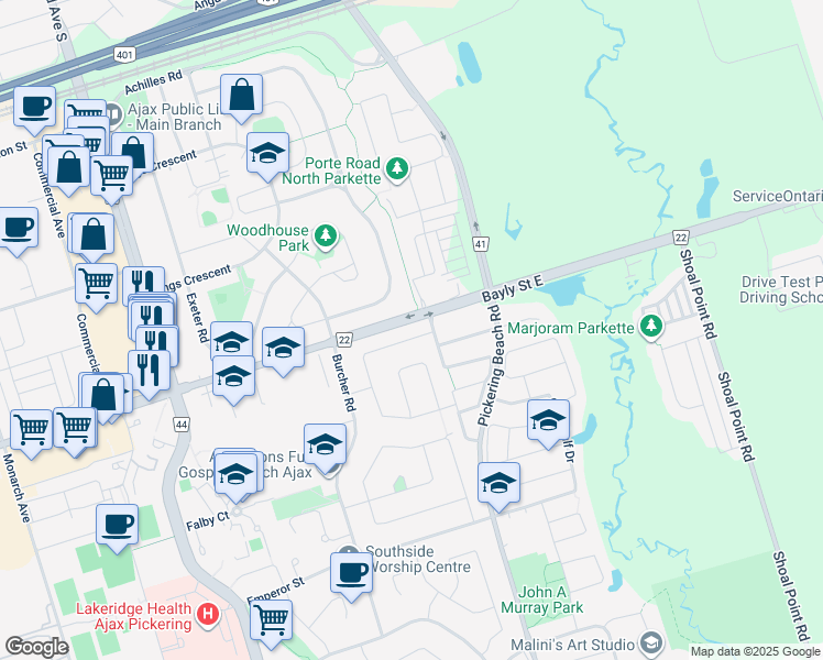 map of restaurants, bars, coffee shops, grocery stores, and more near 10 Billingsgate Crescent in Ajax