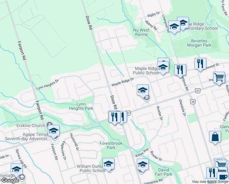map of restaurants, bars, coffee shops, grocery stores, and more near 1114 Cedarcroft Crescent in Pickering
