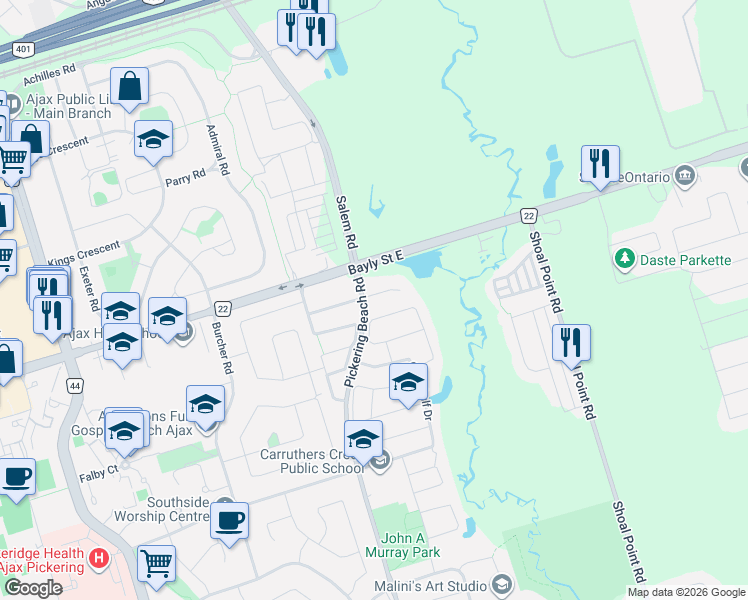 map of restaurants, bars, coffee shops, grocery stores, and more near 3 Powers Valley Court in Ajax