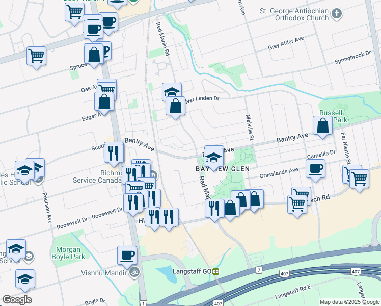 map of restaurants, bars, coffee shops, grocery stores, and more near 130 Bantry Avenue in Richmond Hill