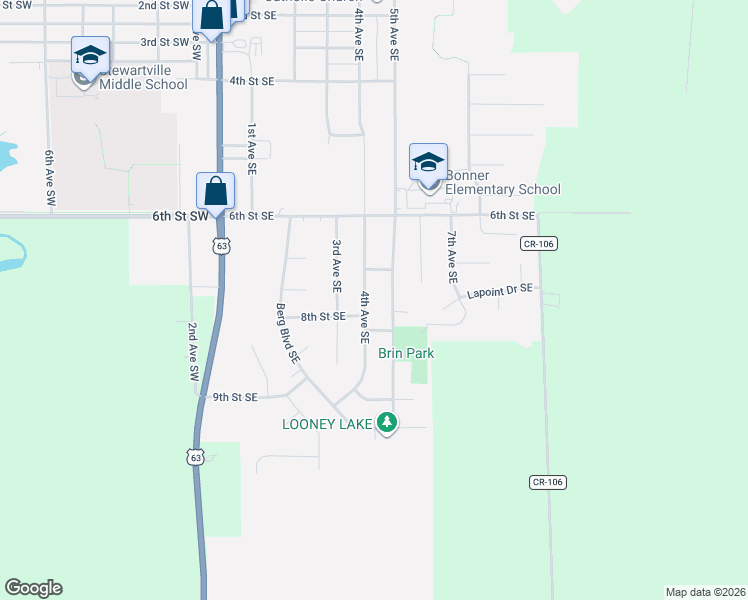 map of restaurants, bars, coffee shops, grocery stores, and more near 809 4th Avenue Southeast in Stewartville