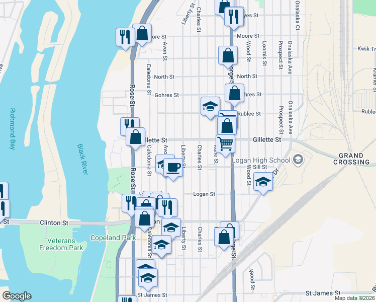 map of restaurants, bars, coffee shops, grocery stores, and more near 1532 Liberty Street in La Crosse