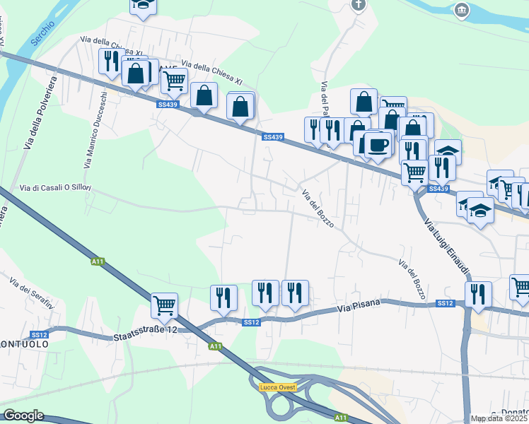 map of restaurants, bars, coffee shops, grocery stores, and more near 740 Via Chiesa XVIII in Lucca