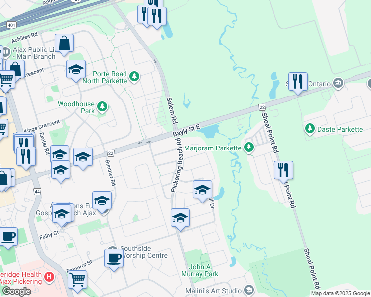 map of restaurants, bars, coffee shops, grocery stores, and more near 3 Powers Valley Court in Ajax
