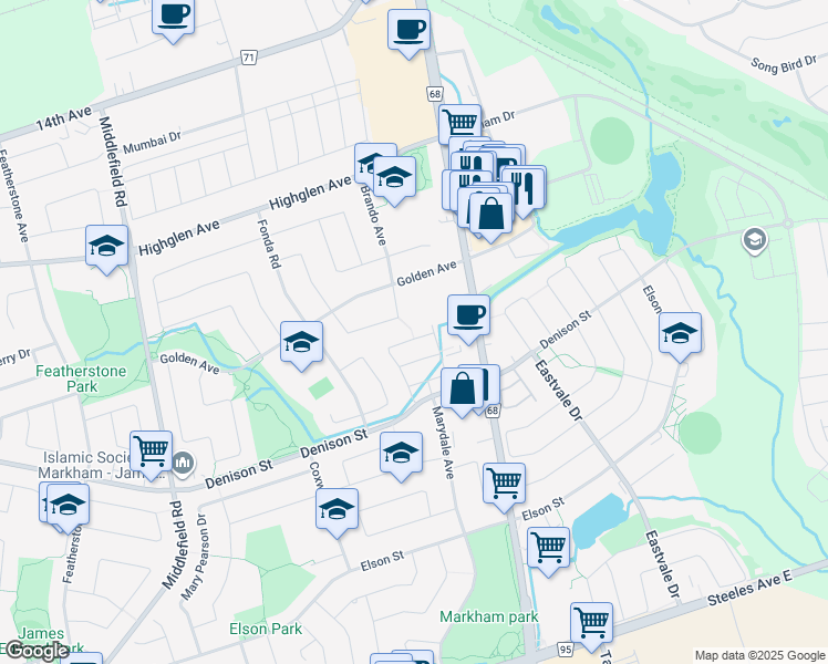 map of restaurants, bars, coffee shops, grocery stores, and more near 82 Coleluke Lane in Markham