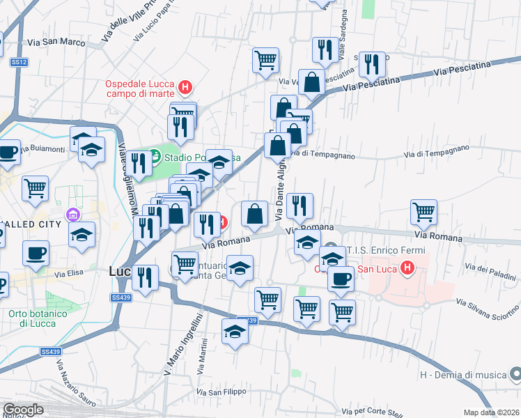 map of restaurants, bars, coffee shops, grocery stores, and more near Strada Privata in Lucca