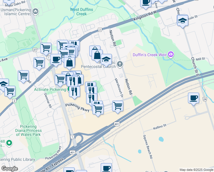 map of restaurants, bars, coffee shops, grocery stores, and more near 1545 Beechlawn Drive in Pickering