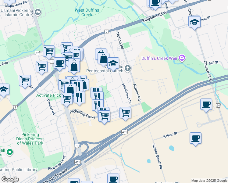 map of restaurants, bars, coffee shops, grocery stores, and more near 1545 Beechlawn Drive in Pickering