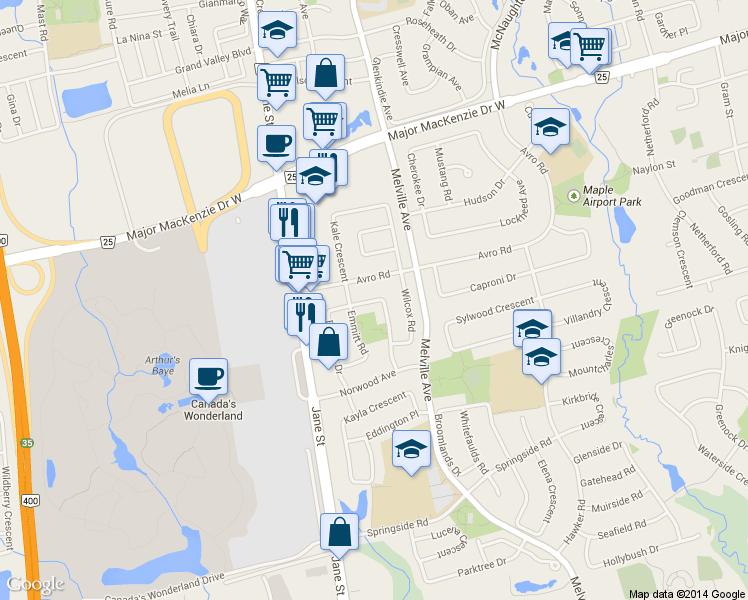 map of restaurants, bars, coffee shops, grocery stores, and more near 140 Bachman Drive in Vaughan