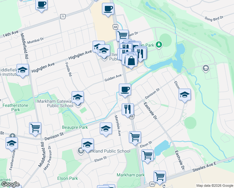 map of restaurants, bars, coffee shops, grocery stores, and more near 65 Kincaid Lane in Markham