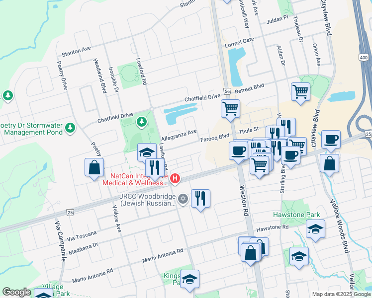 map of restaurants, bars, coffee shops, grocery stores, and more near 130 Farooq Boulevard in Vaughan