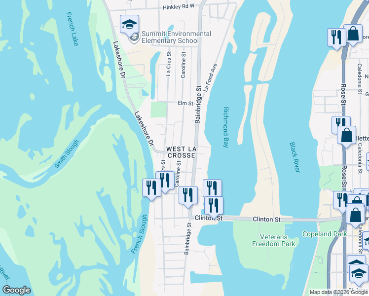 map of restaurants, bars, coffee shops, grocery stores, and more near 1623 Bainbridge Street in La Crosse