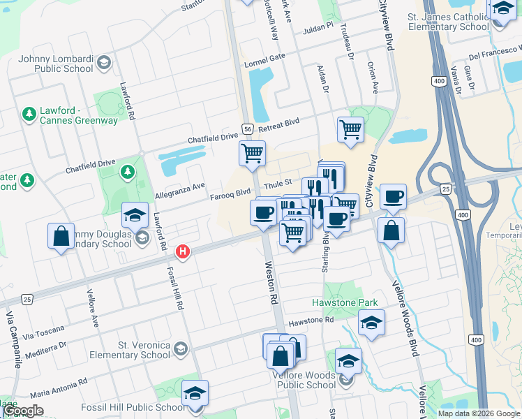 map of restaurants, bars, coffee shops, grocery stores, and more near 10071 Weston Road in Vaughan