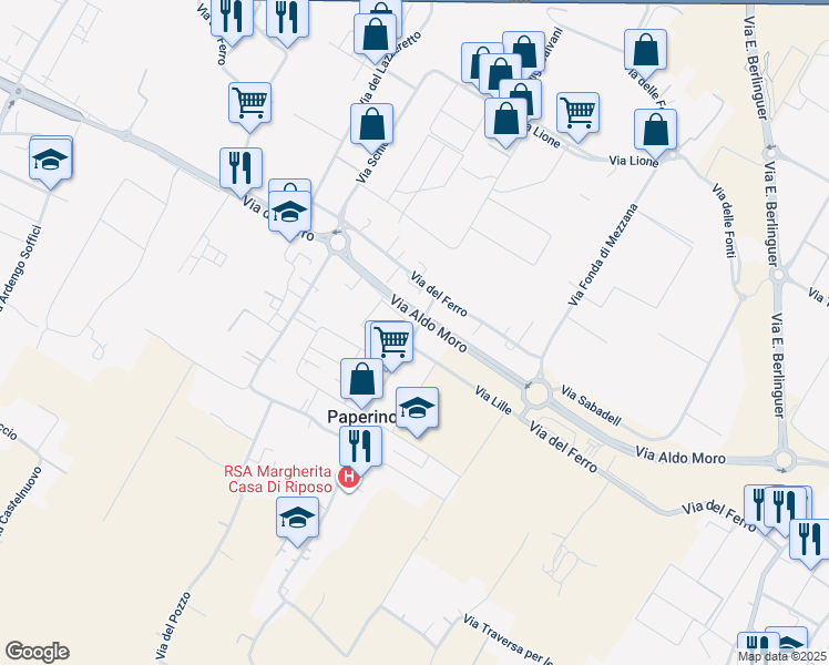 map of restaurants, bars, coffee shops, grocery stores, and more near 72 Via Aldo Moro in Prato