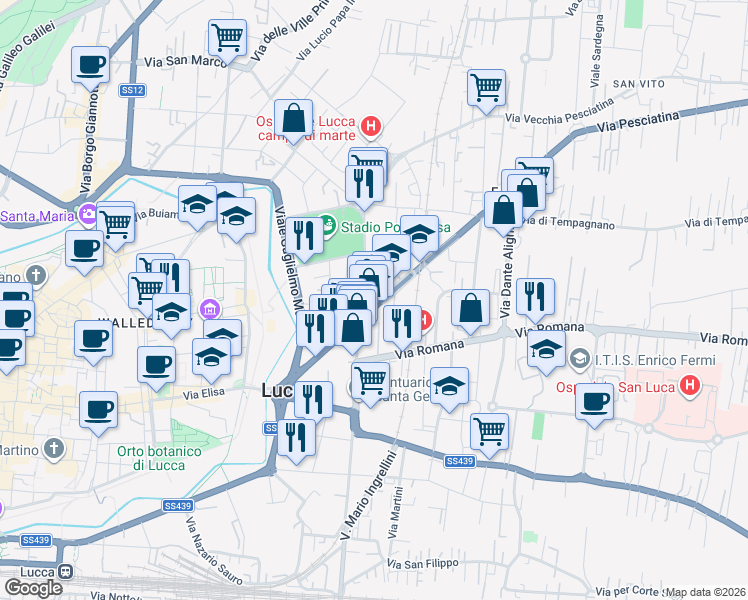 map of restaurants, bars, coffee shops, grocery stores, and more near Via Barbantini in Lucca