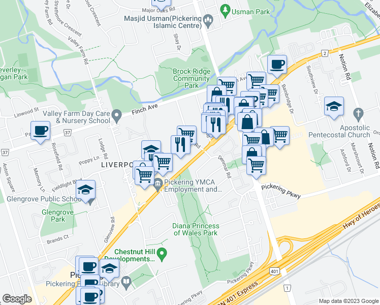 map of restaurants, bars, coffee shops, grocery stores, and more near 1966 Guild Road in Pickering