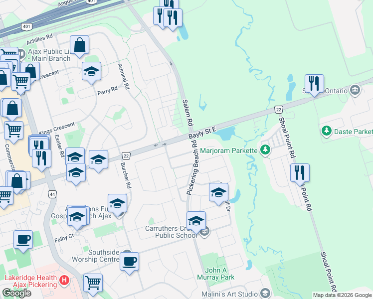map of restaurants, bars, coffee shops, grocery stores, and more near 40 Croker Drive in Ajax