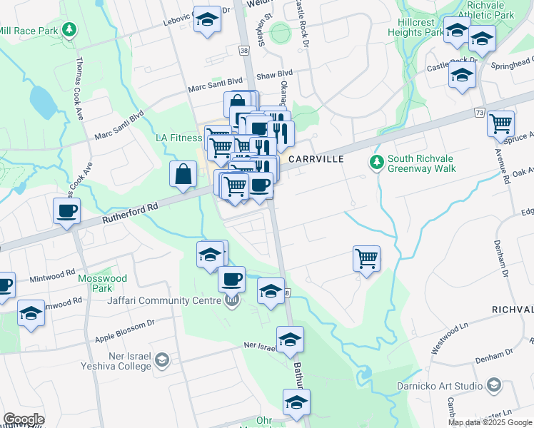 map of restaurants, bars, coffee shops, grocery stores, and more near 9180 Bathurst Street in Vaughan