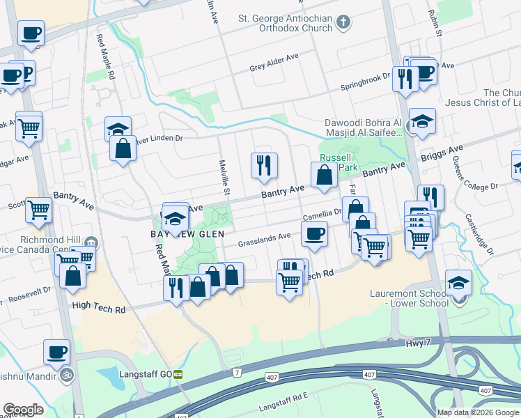 map of restaurants, bars, coffee shops, grocery stores, and more near 1 Frobisher Street in Richmond Hill