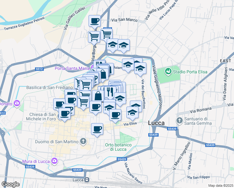 map of restaurants, bars, coffee shops, grocery stores, and more near 112 Via del Fosso in Lucca