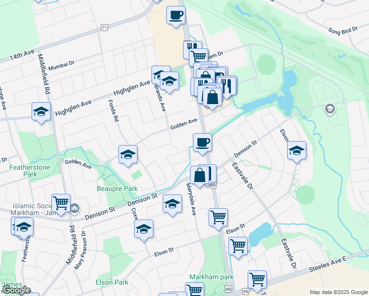 map of restaurants, bars, coffee shops, grocery stores, and more near 94 Coleluke Lane in Markham