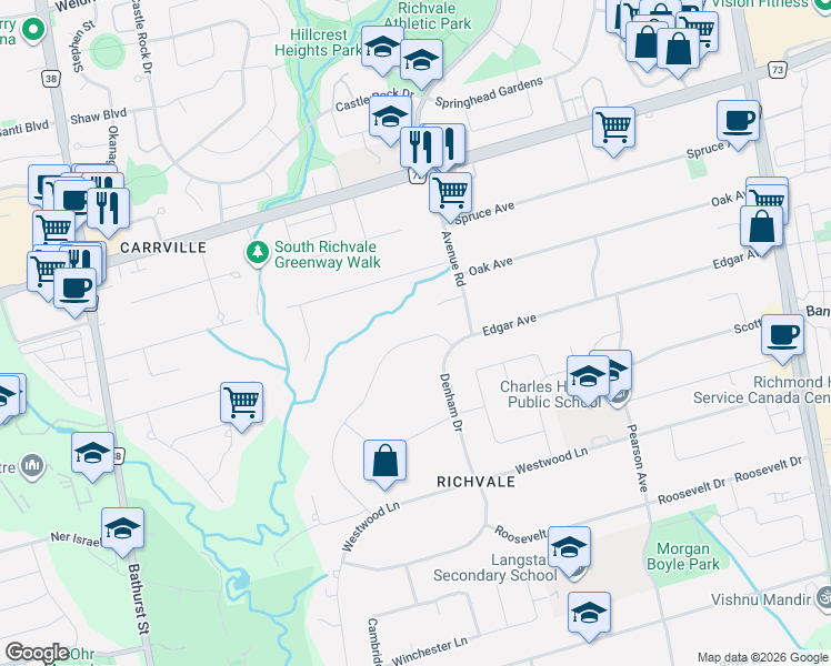 map of restaurants, bars, coffee shops, grocery stores, and more near 46 Maryvale Crescent in Richmond Hill