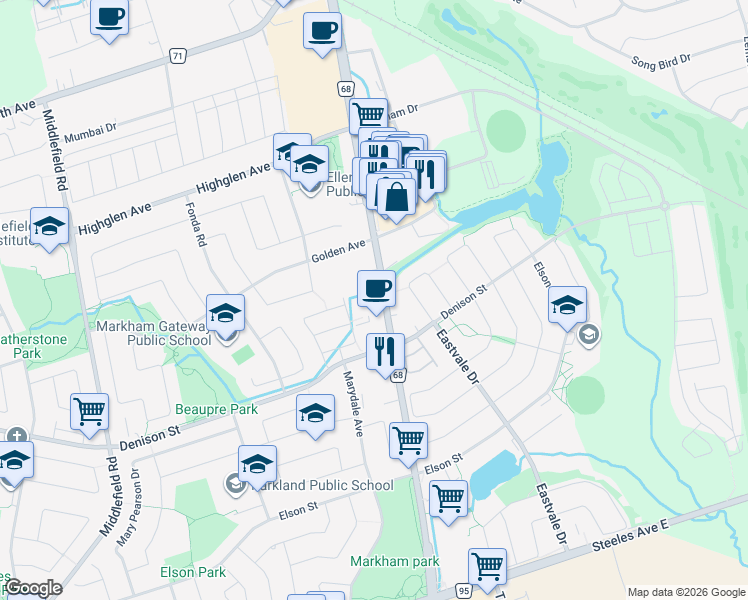 map of restaurants, bars, coffee shops, grocery stores, and more near 7340 Markham Road in Markham