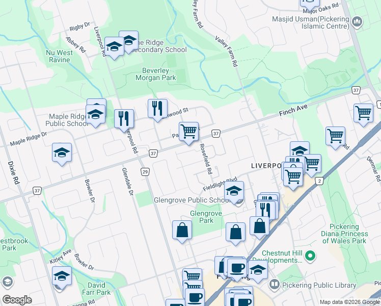 map of restaurants, bars, coffee shops, grocery stores, and more near 1980 Rosefield Road in Pickering