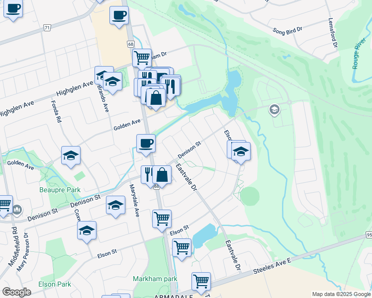 map of restaurants, bars, coffee shops, grocery stores, and more near in Markham