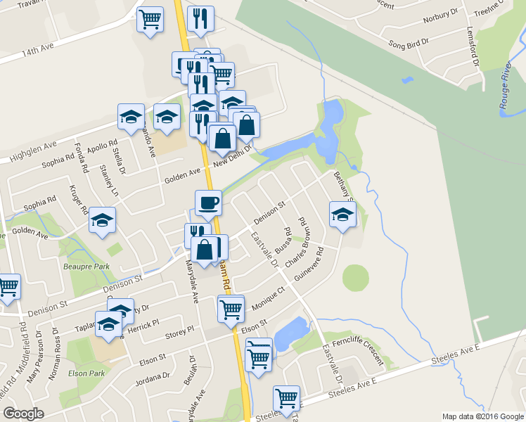 map of restaurants, bars, coffee shops, grocery stores, and more near in Markham