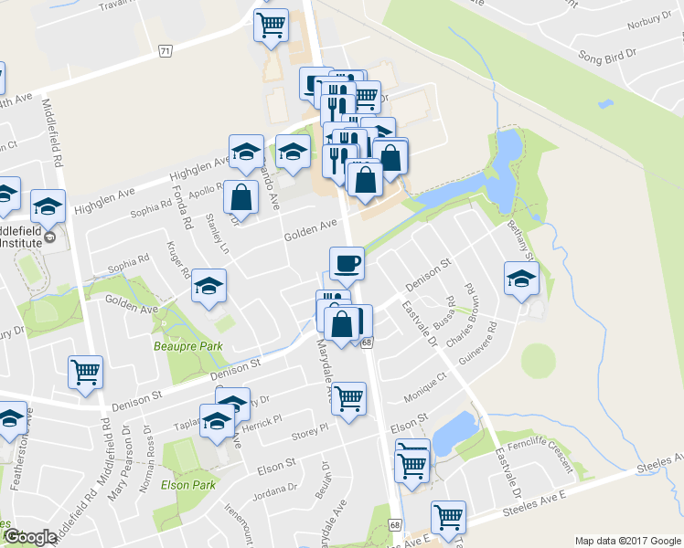 map of restaurants, bars, coffee shops, grocery stores, and more near 7350 Markham Road in Markham